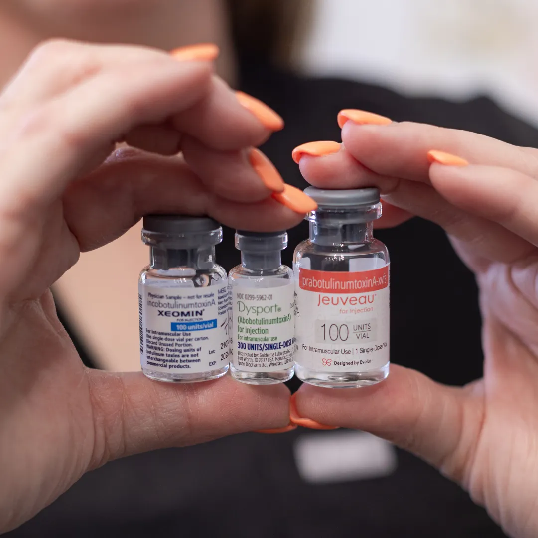 Xeomin, Dysport, and Jeuveau vials for treatment of fine lines and wrinkles.