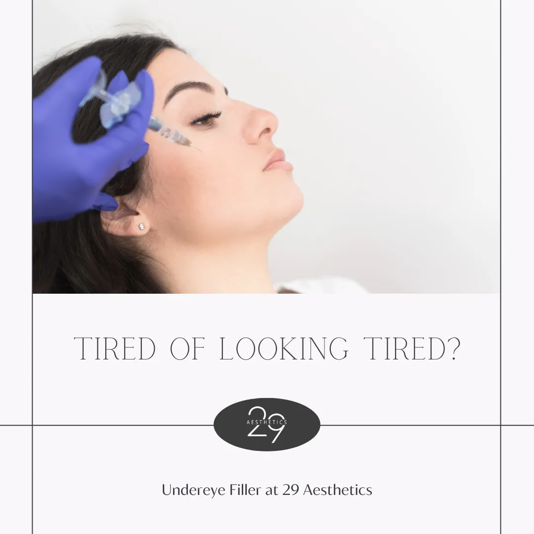Woman getting undereye filler treatment to fix tired eyes. 