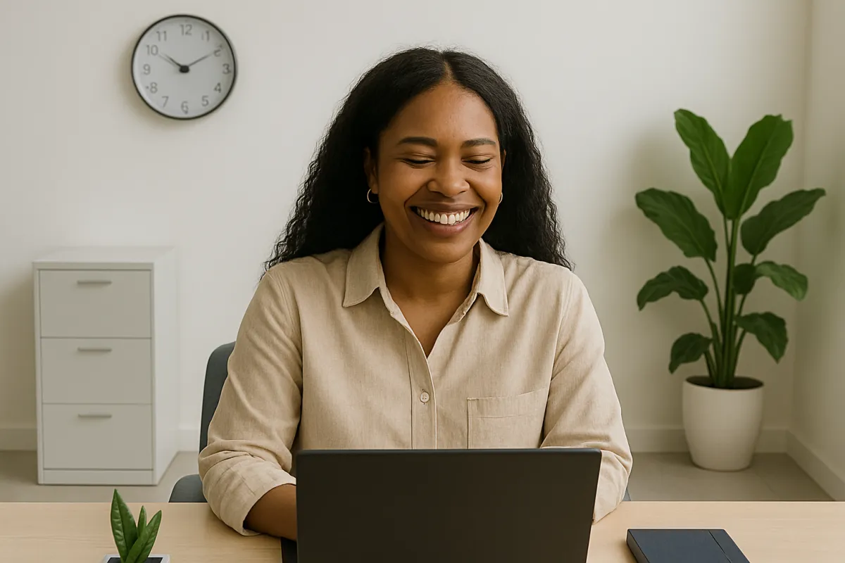 Smiling young Black woman working at a clean, sunlit desk in a modern, minimalist office.