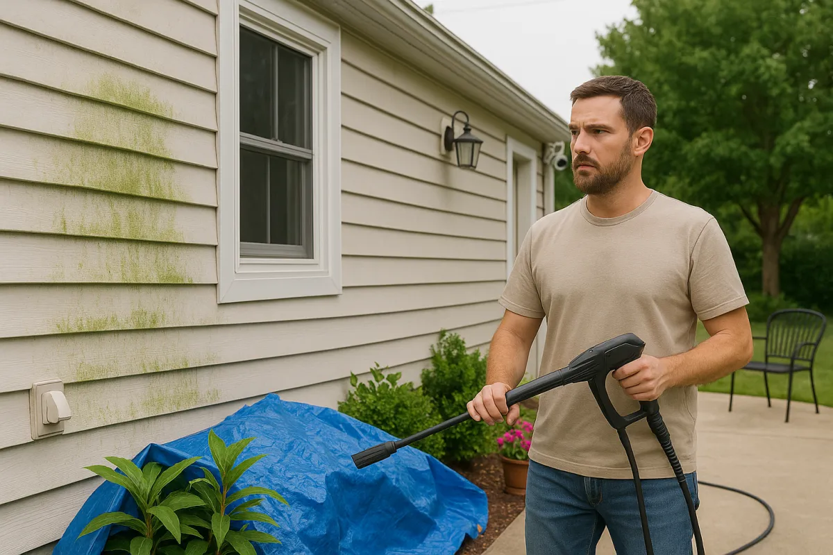 A man in his mid-30s prepares to pressure wash the exterior of a suburban home, holding a pressure washer in front of beige siding and surrounded by green shrubs, a blue tarp, and outdoor fixtures.