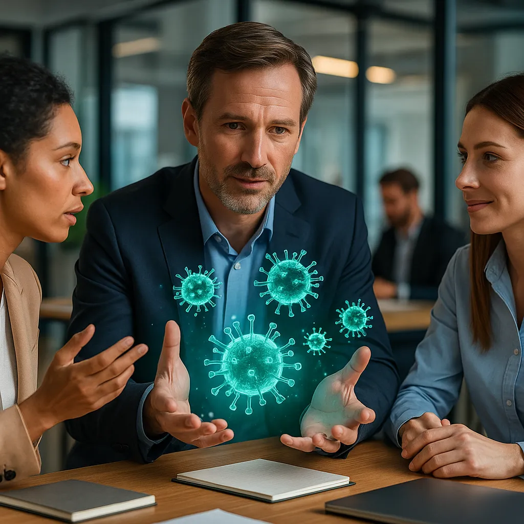 Tres profesionales conversan en una oficina moderna mientras uno de ellos extiende las manos mostrando microorganismos brillantes, simbolizando el contagio positivo de ideas y conocimientos.