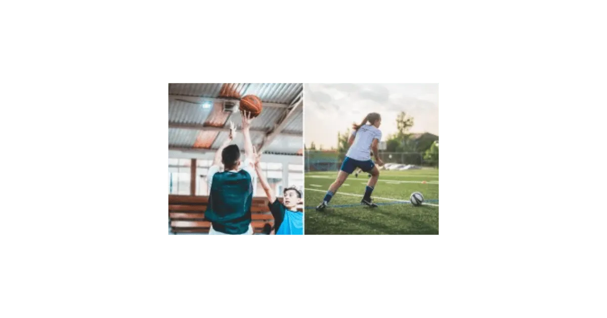 The first image is two boys playing basketball, the second image is a girl playing football