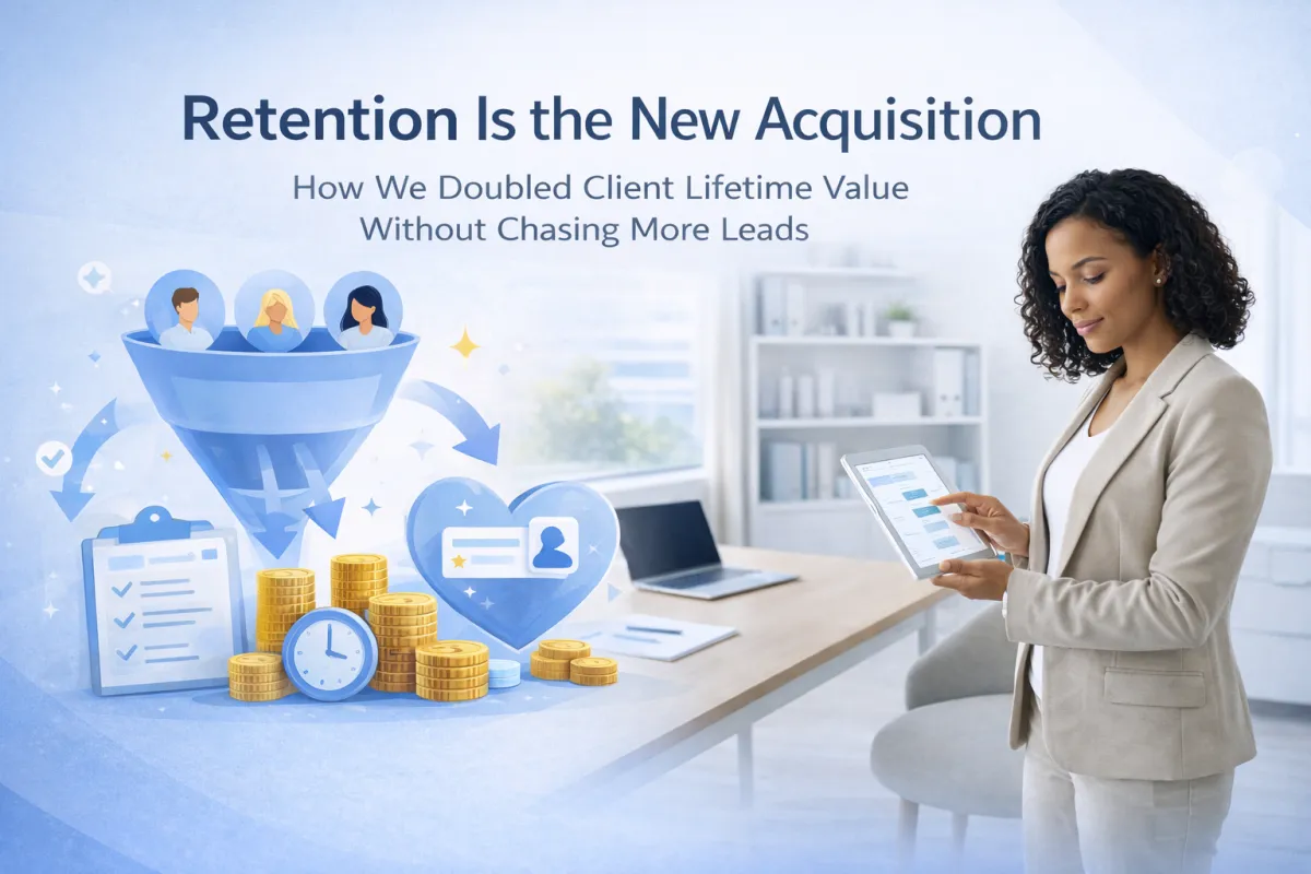 Business owner reviewing a tablet in a modern office while visual icons illustrate customer retention, scheduling, and long-term value growth.