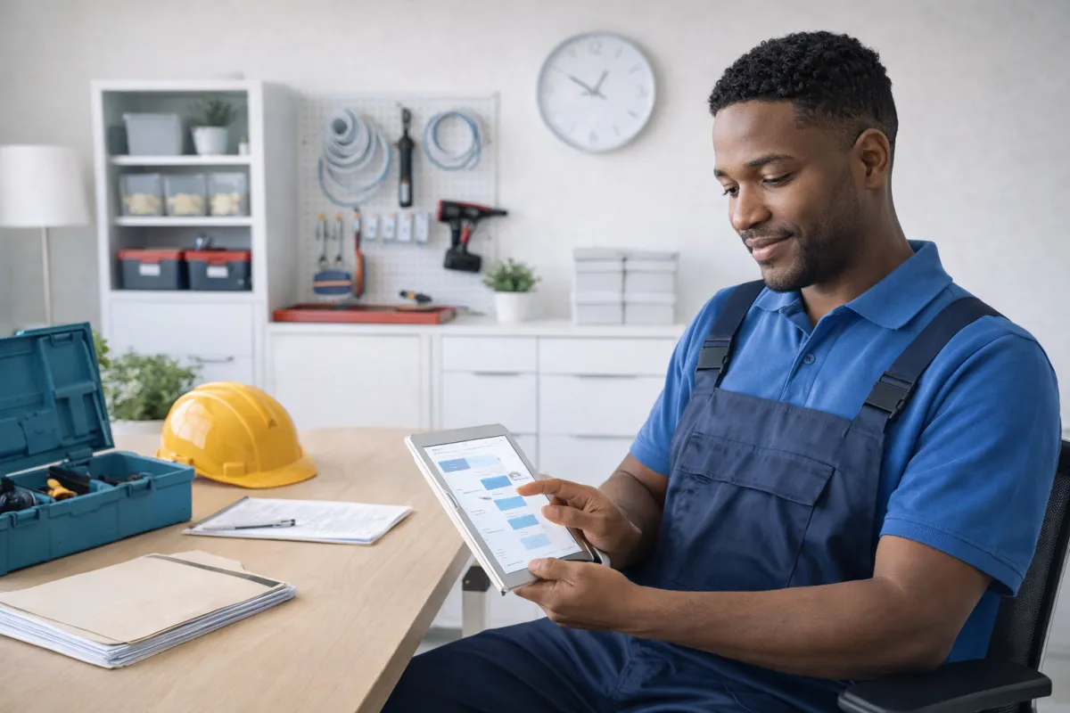 HVAC technician reviewing schedule in office