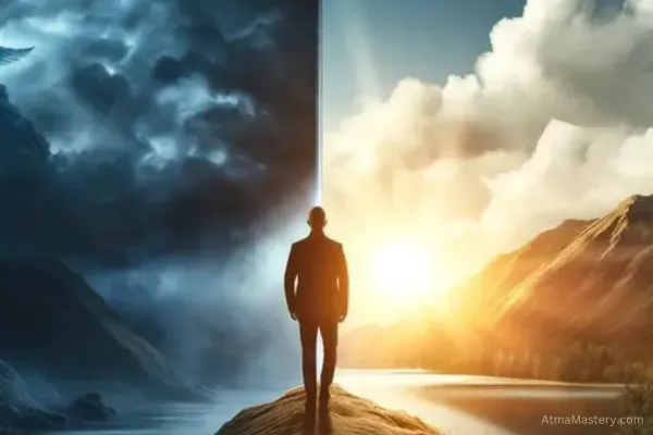 Man standing between dark clouds and sunlight, symbolizing the journey from self-sabotage to self-compassion and inner strength.