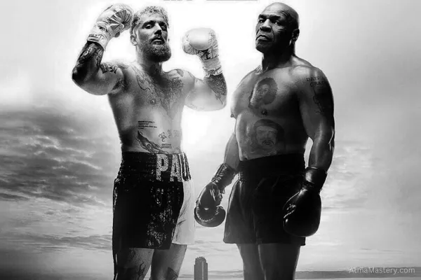 Jake Paul and Mike Tyson standing in a dramatic black-and-white composition, symbolizing the convergence of modern entertainment, attention, and timeless strength.