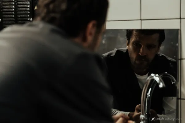 Man staring at his reflection in a mirror, deep in thought, symbolizing introspection, facing fears, and personal growth.