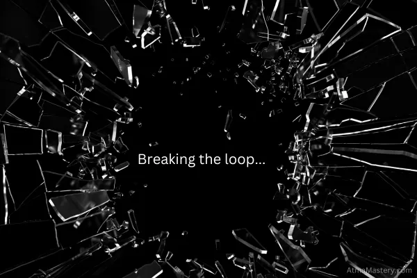 Shattered glass with a central opening and the text 'Breaking the loop...' symbolizing breaking free from emotional cycles and patterns.