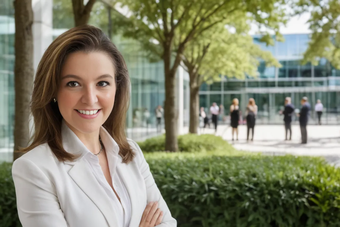 Flávia Bachmann em ambiente corportaivo arborizado e em meio a pessoas e colaboradores