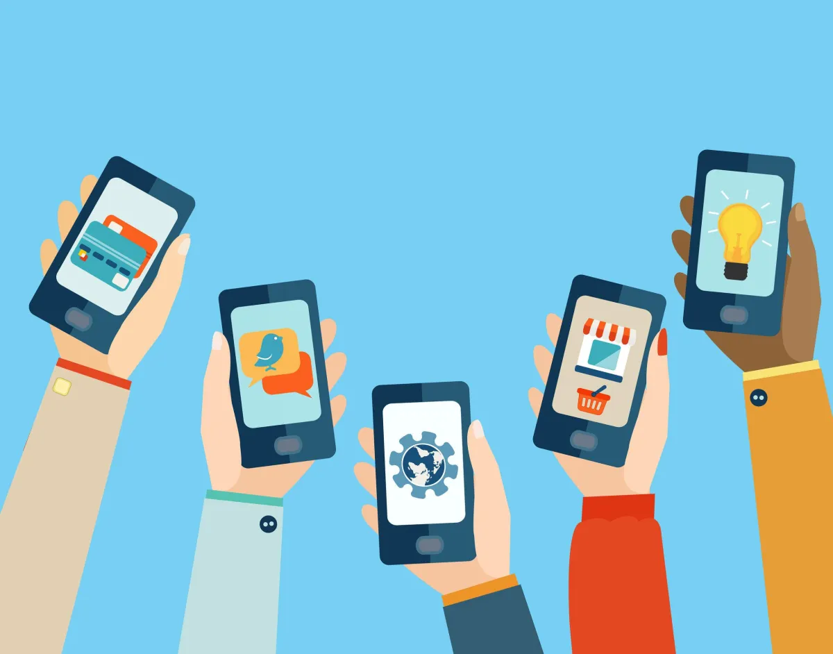 Graphic of hands holding smartphones