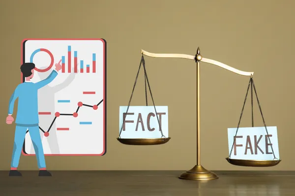 a cartoon man looks at web analytics while a scale measures "fact" or "fake"