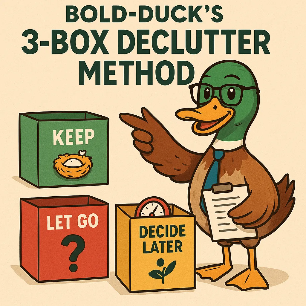 Three labeled boxes used for decluttering with Keep, Let Go, and Decide Later labels.