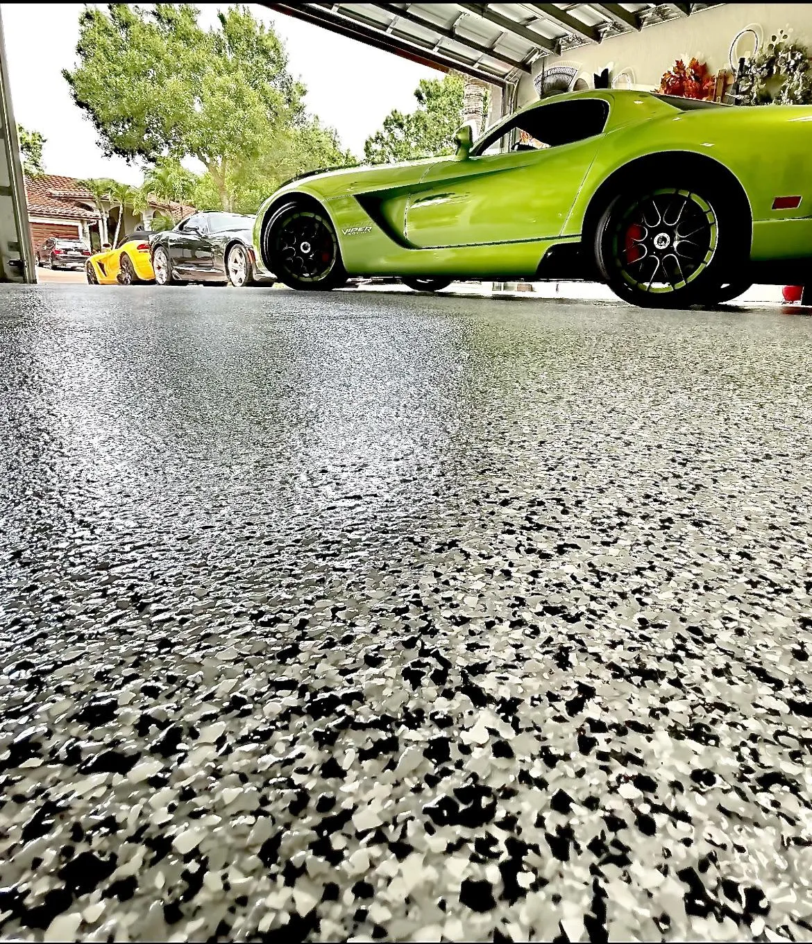 Dodge Viper Parked in Garage with Custom Flake Epoxy Flooring