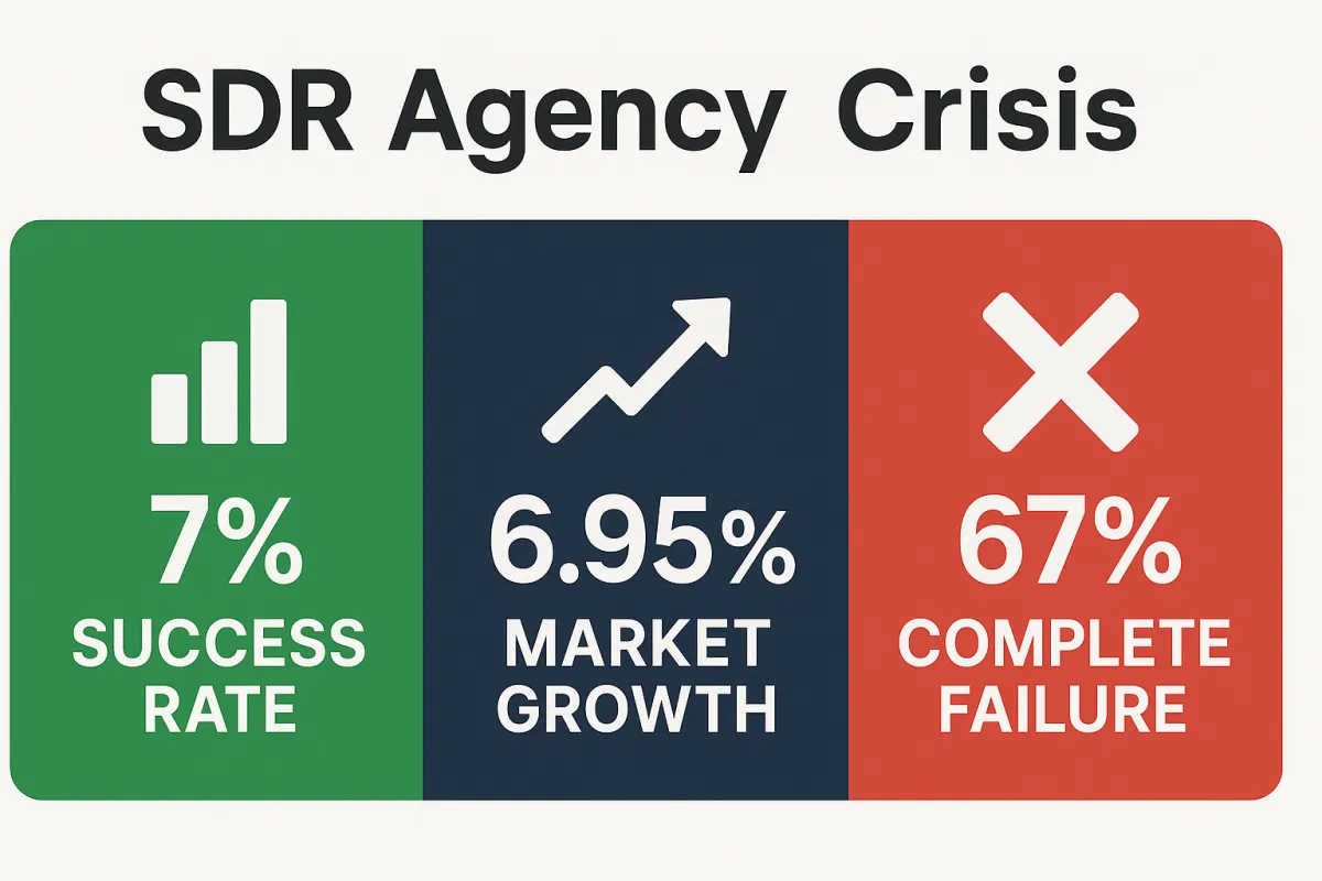 SDR agency industry statistics infographic showing 7% success rate, 6.95% annual market growth, and 67% complete failure rate