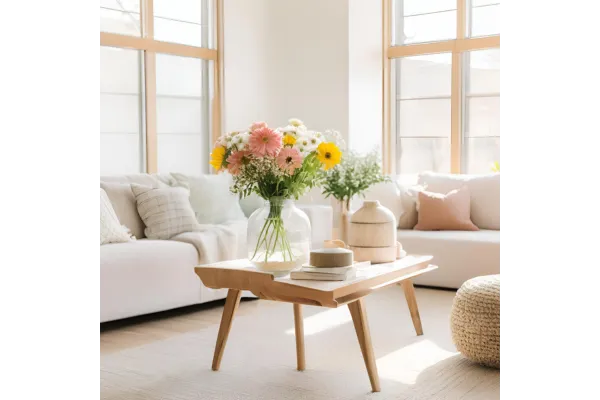 A beautifully styled, clutter-free living room bathed in natural light, with a wooden coffee table featuring a vase of fresh spring flowers. Soft pastel cushions and neutral decor create a calm, refreshing atmosphere—perfectly capturing the essence of a no-overwhelm approach to spring cleaning
