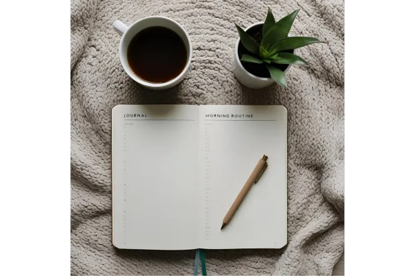 A bright and inviting workspace with fresh spring flowers, an open window letting in natural light, and a neatly organized desk with a cup of tea. The scene reflects a sense of renewal, organization, and a fresh start for spring