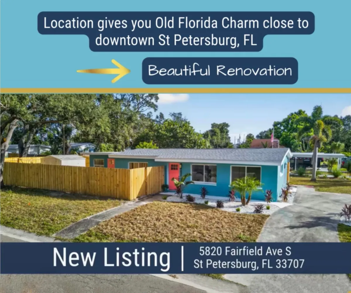 View of blue house with pink door and wooden backyard fencing. Text reads "Location gives you old Florida charm close to downtown St Petersburg, FL. Beautiful renovation. New Listing 5820 Fairfield Ave S, St Petersburg, FL 33707"