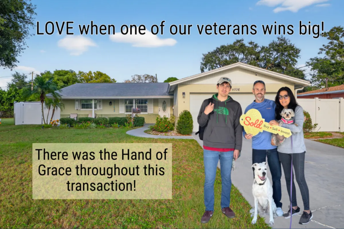 Three people stand in front of a home and hold a "sold" sign in the shape of a key. Text reads "LOVE when one of our veterans win big. There was the Hand of Grace throughout this transaction."