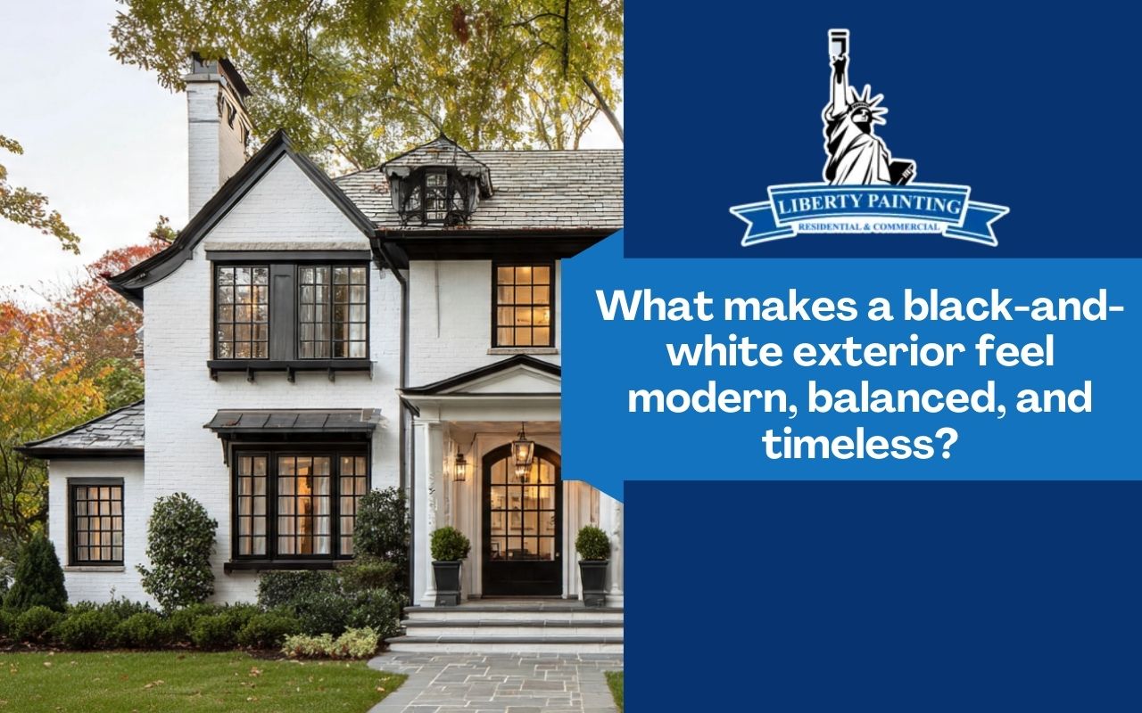 What makes a black-and-white exterior feel modern, balanced, and timeless?
