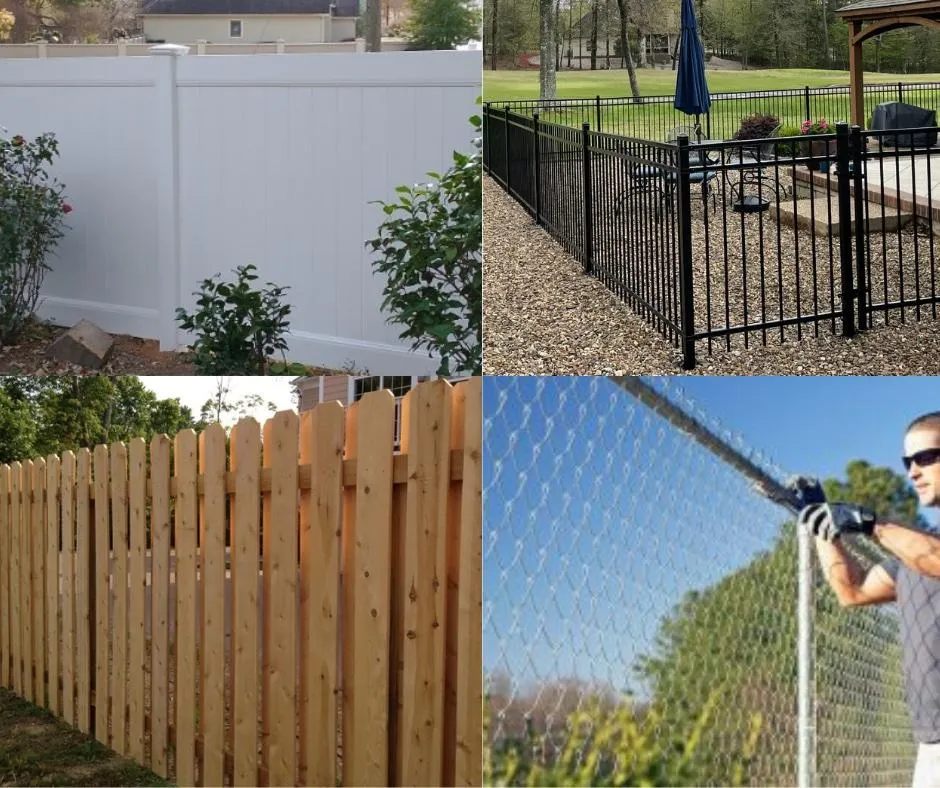 Collage of four types of residential fences including wrought iron, vinyl, wood, and chain link, showcasing their unique styles and applications in different home settings.