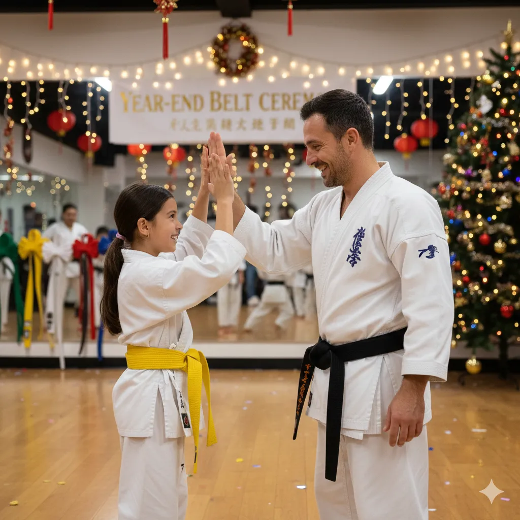 Martial arts instructor high-fiving a student during practice to celebrate improvement.