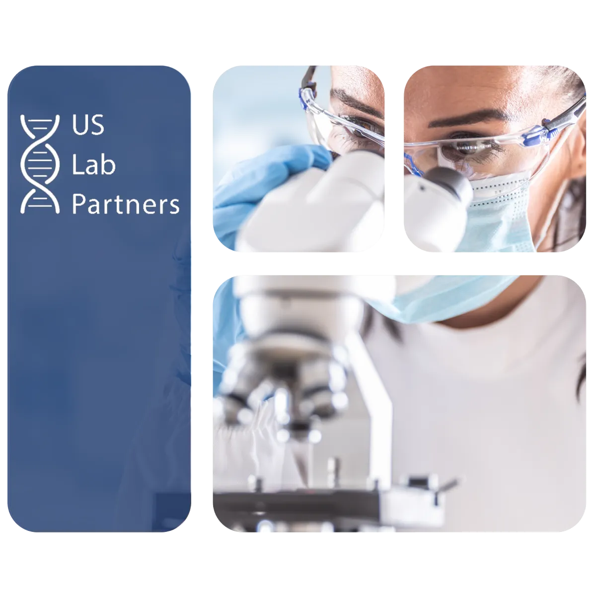 Scientist using a microscope with US Lab Partners logo – biotech finance partnership visual