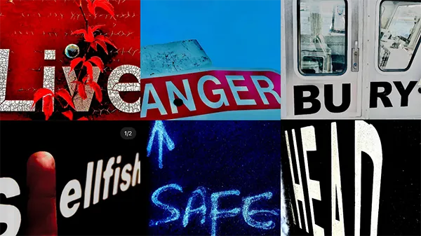 A collage of bold, contrasting words and typography on urban textures and signage, including phrases like “Live,” “Danger,” “Bury,” “Selfish,” “Safe,” and “Ahead.” The visual juxtaposition reflects themes of risk, community, identity, and social tension.