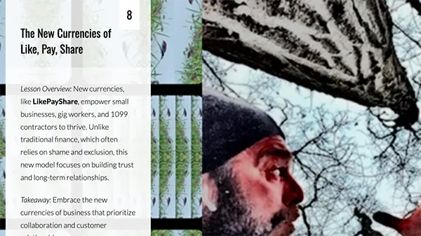 Slide titled “The New Currencies of Like, Pay, Share” with text explaining how modern business models empower gig workers and small businesses through trust and collaboration. On the right, a man looks upward under a patterned canopy with winter trees in the background.