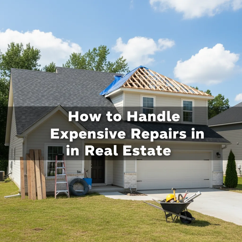 Professional real estate blog cover image showing a house with visible roof repairs and construction tools, featuring the text ‘How to Handle Expensive Repairs in Real Estate’ on a bright and inviting background.