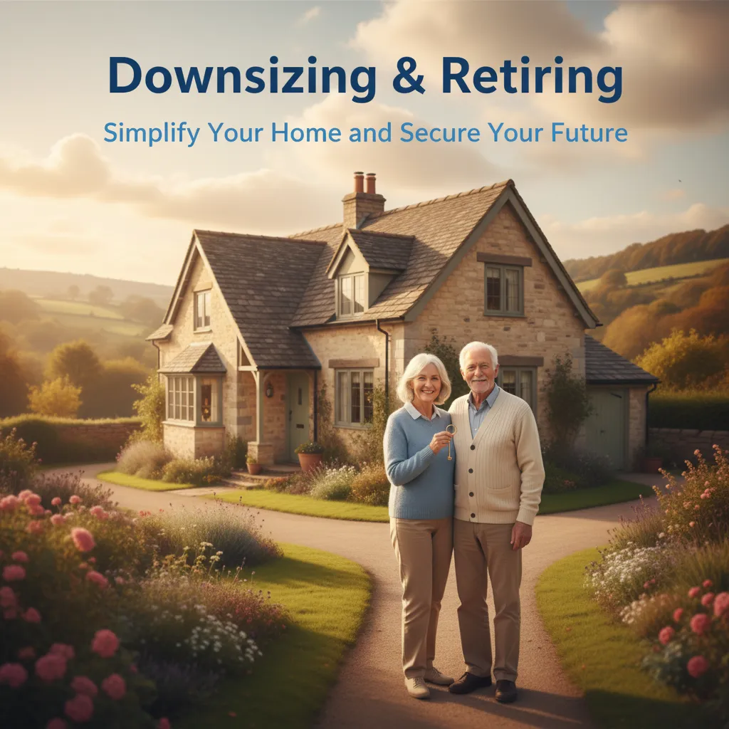 Cozy smaller home with a happy retired couple standing in front, representing downsizing and retiring, with text overlay saying 'Downsizing & Retiring: Simplify Your Home and Secure Your Future' on a warm, inviting background.