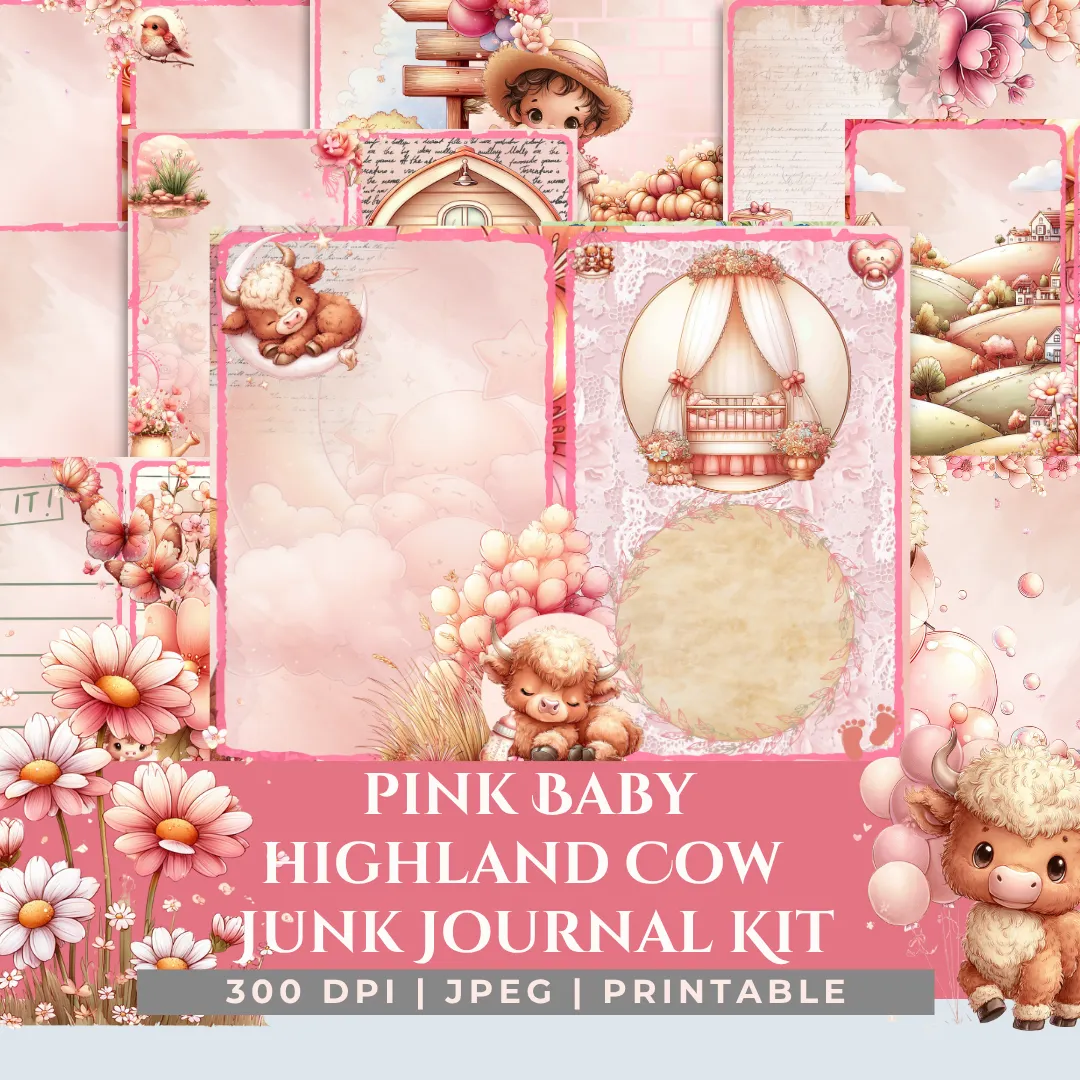 Pink Baby Highland Cows Junk Journal Pages