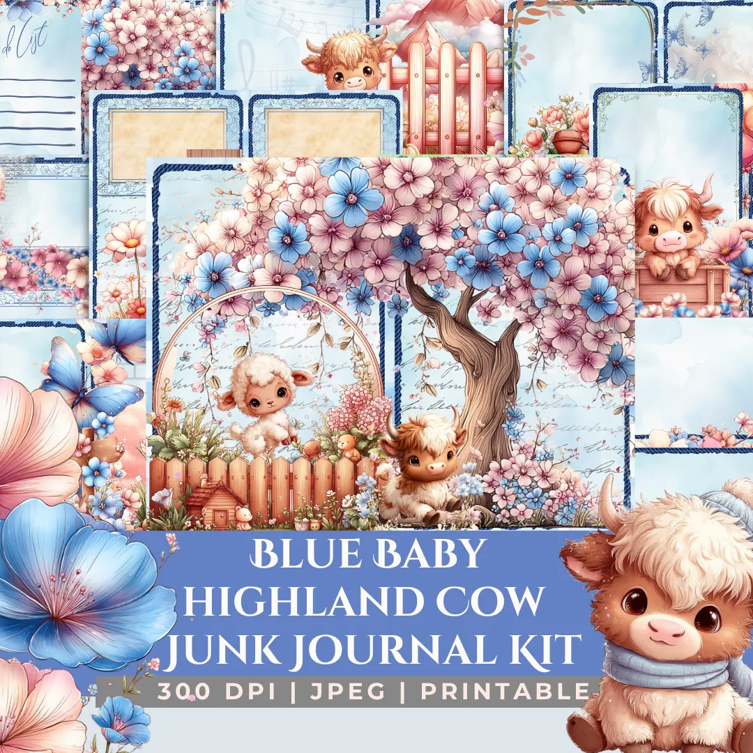 Blue Baby Highland Cows Junk Journal Pages