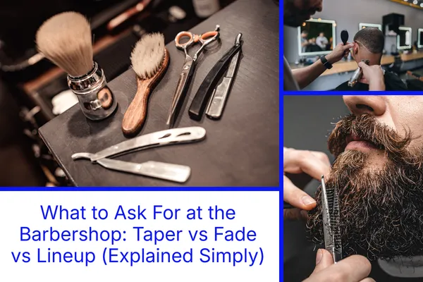 Barber tools and beard trim collage for a taper vs fade vs lineup guide