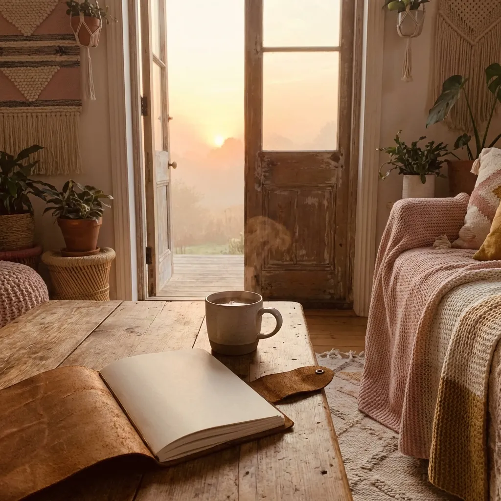 The image features a soft sunrise or gentle light shining through an open doorway, symbolizing new beginnings and transformation. In the foreground, a journal and a cup of tea rest on a cozy table, creating a warm, reflective, and hopeful mood. The palette uses blush pink, warm neutrals, and soft gold for an inviting, inspirational, and uplifting vibe.