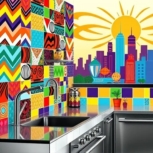 Close-up of an eclectic kitchen wall decorated with bold, colorful backsplash tiles featuring geometric and abstract patterns such as zigzags, chevrons, spirals, and mosaics. The tiles are hand-painted with vibrant hues including electric blue, fiery orange, lime green, deep purple, and sunny yellow. Playful details like tiny critters, miniature plants, and splashes of paint add personality. The retro-modern kitchen setting includes shiny chrome accents, vintage appliances, and a sleek countertop with contrasting patterns. In the background, a stylized cityscape skyline with bold, contrasting colors enhances the urban artistic vibe. The entire scene is styled in a lively Pop Art aesthetic with thick black outlines and flat color blocks, creating an energetic, playful, and inspiring home decor image.