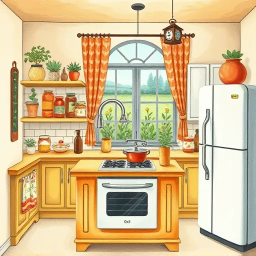 A colorful folk art-style illustration of an eco-friendly, cozy kitchen scene featuring handcrafted details. The image shows a charming kitchen island with a vintage-inspired stove, surrounded by vibrant, stylized pantry shelves filled with jars, herbs, and sustainable ingredients. Warm earthy tones such as terracotta orange, moss green, and cheerful yellow dominate the palette, creating a welcoming atmosphere. Playful patterns with floral and geometric motifs decorate dish towels, curtains, and backsplash tiles. An energy-efficient refrigerator with stylized solar panels on the doors hints at green technology. A handcrafted, oversized water-saving faucet curves over a basin filled with floating herbs. Quirky details include a birdhouse-shaped clock, a potted plant with exaggerated leaves, and a whimsical solar lantern hanging from the ceiling. A window reveals a lush garden with stylized vegetables and flowers, emphasizing sustainability. The textured, patterned brushstrokes characteristic of folk art add charm and vibrancy, inspiring eco-conscious living with a lively, cheerful mood.