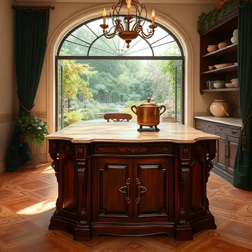 A highly detailed Renaissance-inspired kitchen scene set in Naperville, Illinois, featuring a majestic dark mahogany kitchen island with ornate carvings and gold accents illuminated by warm ambient lighting. Wrought-iron spindles support a marble countertop with deep crimson and gold veining, creating a regal ambiance. Vintage brass fixtures, including a chandelier, cast a soft golden glow, highlighting craftsmanship. Playfully, a small cherubic statue holding a whisk peeks from behind a copper pot, adding quirky charm. In the background, an arched window reveals a sunlit Provençal garden with climbing ivies and blooming roses, blending nature with culinary elegance. The patterned terracotta and gold mosaic floors contrast with the cool marble of the island, complemented by vintage open shelves displaying antique cookware, glazed ceramics, and botanical diagrams that evoke Renaissance curiosity. Deep forest green braided drapery frames the scene, adding opulence. The scene combines timeless Renaissance artistry with playful, enchanting details, featuring warm golds, rich browns, and muted greens in a painterly style with soft shading and textured brushwork that captures a lush, organic atmosphere of refined grandeur and charming personality.