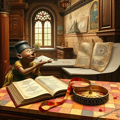 A detailed Renaissance-style painting depicting the concept of "Cost to install a kitchen backsplash." The scene is set in an ornate classical workshop filled with intricate tools, gilded reference books, and elegant architectural details. Anthropomorphized objects, including a wise-lookng mortar and pestle studying scrolls with tile pattern sketches, and a playful brass compass measuring costs with gold inlays, take center stage. A drafting table displays a mosaic of glazed tiles with iridescent shimmer, symbolizing materials used in backsplash installation. In the background, a fresco illustrates a cozy kitchen scene with shimmering ceramic tiles and a marble countertop in warm ochre, burnt sienna, and gold tones. Soft natural light filters through stained-glass windows, highlighting textures and colors. Quirky details include a tiny cherub perched on a tile sample holding a miniature measuring tape, adding whimsy. The scene exudes craftsmanship and financial considerations, rendered in a realistic, balanced composition with meticulous detail and a warm, luminous color palette.