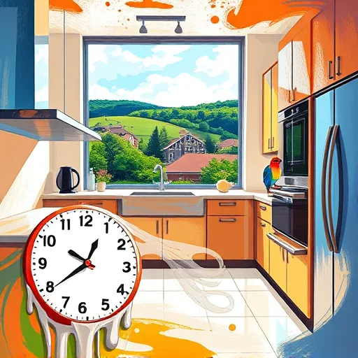A vibrant, expressive painting of a kitchen remodeling consultation in Vernon Hills, Illinois, featuring bold brushstrokes and dynamic colors. The scene depicts a modern kitchen with sweeping, swirling hues of vibrant greens, blues, oranges, and reds illustrating countertops, appliances, and cabinetry with energetic movement. A large window offers a stylized view of Vernon Hills' rolling hills and lush greenery through sweeping strokes. In the foreground, a playful blueprint floats with exaggerated, flowing lines symbolizing renovation ideas, conveying transformation and creativity. Quirky details include a surreal, melting clock, an oversized leafy plant, and a brightly colored bird perched atop a cabinet, adding whimsy. The mood is optimistic and lively, enhanced by contrasting light and shadow that create depth and movement. Subtle background elements suggest a suburban Illinois neighborhood, blending into the abstract landscape, emphasizing location while maintaining an emotional, spirited atmosphere. Overall, the artwork captures the excitement and inspiration of kitchen remodeling in Vernon Hills with bold, expressive artistry.