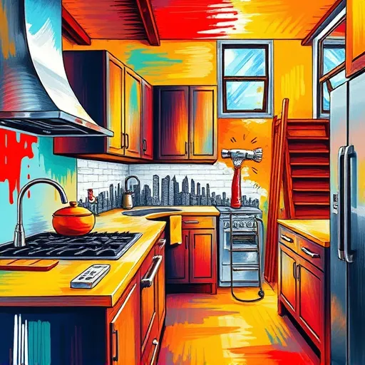 A vibrant Neo-Expressionism-inspired illustration of a lively kitchen remodel scene in Naperville, Illinois. The artwork features bold, exaggerated brushstrokes and bright, energetic colors such as reds, oranges, yellows, blues, and greens, creating a playful and dynamic atmosphere. Central elements include swirling countertops with exaggerated curves, oversized shiny metallic appliances with playful reflections, and textured, expressive cabinets that seem almost alive. Quirky details incorporate a cartoonish blueprint of Naperville’s skyline subtly embedded in backsplash tiles, with whimsical lines suggesting movement and progress. Tools like a hammer, wrench, and paintbrush are depicted with lively faces and animated expressions, emphasizing craftsmanship and teamwork without human figures. The background showcases a paint-splattered worksite transformed into an artistic canvas, with distorted staircases and windows adding a sense of chaos and excitement. Overall, the scene captures the energetic, creative spirit of home renovation and artistic boldness, conveying professionalism, innovation, and playful charm.