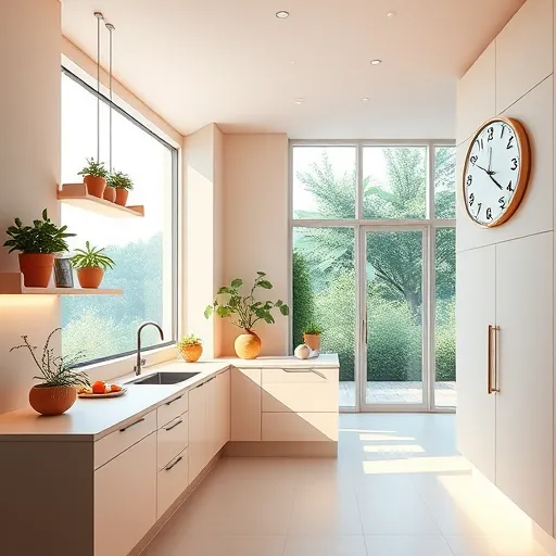 A spacious, modern kitchen featuring eight-foot ceilings with sleek, minimalist cabinets extending from the countertop to the ceiling in a soft sage green or warm blush matte finish. Ambient lighting creates a warm glow, highlighting clean lines, subtle geometric patterns, and elegant hardware. Playful floating shelves shaped like whimsical clouds or organic forms display vibrant potted herbs, vintage artifacts, and colorful ceramics. Large, visionary-style window diffuses celestial light, casting a gentle sunrise glow across the space. An oversized, abstract clock with flowing design and impractical numerals adds quirky charm. The background reveals a lush garden through glass doors, blending indoor comfort with outdoor vitality and fantastical, visionary landscapes such as floating islands or surreal foliage. The art style is visionary and surreal, with fluid lines, intricate textures, luminous color transitions in soft pinks, turquoise, and bright accents, creating a serene, inspiring atmosphere that combines modern sophistication with playful, imaginative details.