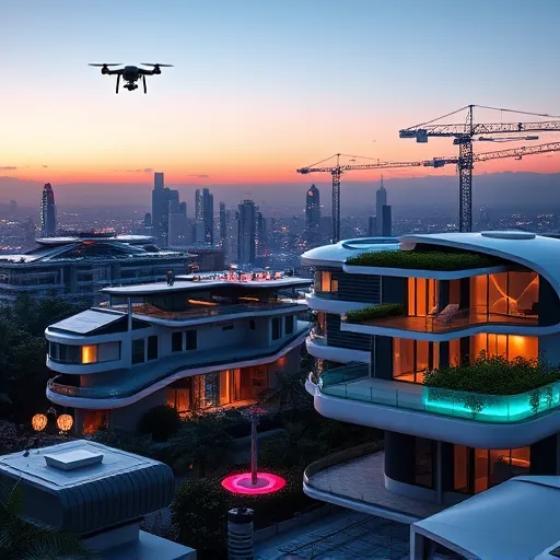 A futuristic cityscape at dusk featuring hyper-modern homes with sleek, flowing lines and expansive glass facades. The homes are equipped with energy-efficient solar panels and lush rooftop gardens. In the foreground, abstract geometric shapes and stylized blueprints symbolize architectural innovation, while floating holographic interface elements highlight advanced technology. Soft neon accents in azure, violet, and mint add vibrant yet calming tones to the scene. Tiny drone-like construction bots weave through the scene, accompanied by whimsical floating light bulbs symbolizing new ideas. The background showcases a sprawling skyline blending natural landscapes with cutting-edge urban development, emphasizing harmony between nature and technology. The environment exudes optimism and progress with shimmering reflections and high-gloss, high-contrast aesthetic, embodying Futurism’s dynamic lines and energetic movement, inspiring innovative home remodeling ideas beyond traditional concepts.