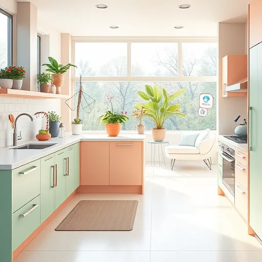 A vibrant digital illustration of a modern, accessible kitchen featuring an open-concept layout with cheerful pastel-colored countertops in soft mint, blush pink, and buttery yellow. The kitchen showcases ergonomic, adjustable surfaces equipped with touchless faucets, pull-out shelves, and large control panels, highlighting advanced smart technology. Playful, animated-style icons of utensils and a friendly cartoon robot assistant demonstrate accessible automation in the background. Bright natural light floods the space through large windows decorated with colorful potted plants, creating an inviting atmosphere. A textured, tactile mat near the oven offers a safe standing area, while a low, rounded-edge island with playful patterned cabinet doors—polka dots and zigzags—adds personality. In the background, a cozy nook displays a visual calendar and speech bubble icons, emphasizing independence and integrated smart tech. The scene’s color palette includes soft greens, warm pinks, and cool blues, producing a cheerful, professional, and innovative mood. This digital art emphasizes accessible kitchen design through high-tech features, friendly colors, and whimsical details, perfect for a blog cover on renovating kitchens for accessibility.