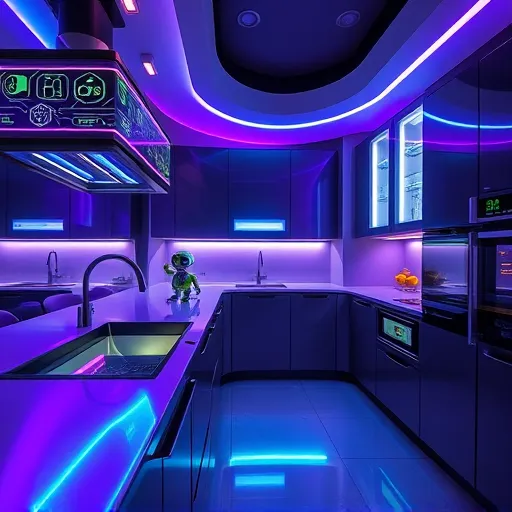 A futuristic kitchen rendered in a vibrant, high-contrast Futurism style, featuring sleek, angular appliances with metallic surfaces and illuminated accents that suggest smart technology and automation. Floating holographic panels above the minimalist countertops display animated icons of recipes, timers, and virtual assistants, adding interactive sophistication. Transparent surfaces on the countertops reveal intricate, glowing inner circuits symbolizing innovation. A playful robotic assistant with exaggerated antennae zips around the scene, bringing personality and fun. Bright neon accents in electric blue, violet, and lime green contrast with polished chrome and matte black cabinetry. The high-tech background showcases sweeping curved lines and embedded LED strips that cast dynamic shadows, while subtle motion blur indicates ongoing change. The scene captures an inspiring, lively transformation of a conventional kitchen into a cutting-edge culinary space with quirky character and futuristic energy.