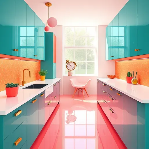 A vibrant modern galley kitchen illustrated in a ColorFieldPainting style, featuring bold flat blocks of color that convey sleek sophistication and playful warmth. The scene includes streamlined deep teal and soft coral cabinetry, with minimalist white glossy countertops accented by subtle metallic gold hardware. Overlapping muted mustard and lavender overlays add depth, while subtle shadows enhance dimension. A floating breakfast bar with a curved, whimsical wave shape, abstract geometric patterned backsplash in contrasting hues, and abstract-shaped lighting fixtures overhead introduce quirky design elements. Double rows of handleless pastel-colored cabinets create a sense of order, leading to a narrow corridor inviting exploration. A retro-inspired vintage clock with exaggerated hands sits in a cozy corner, complemented by a small potted herb garden in brightly colored pots. Large window with sunlight streaming in casts colorful reflections, brightening the space and establishing a cheerful, inspiring atmosphere. The bold, flat color blocks and minimal detail style evoke a playful yet polished aesthetic, perfect for inspiring creative kitchen design ideas.