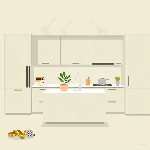 A sleek, minimalist illustration of a modern kitchen with streamlined cabinetry and smooth surfaces, emphasizing efficiency and simplicity. The open-plan layout features a compact, stylish island and essential appliances with clean lines. Neatly organized countertops display a single potted herb, a small stack of cookbooks, and a minimalist clock, adding personality without clutter. The color palette includes calming shades of muted sage green, warm beige, and soft gray accents, creating a serene, professional, and approachable atmosphere. In the background, blurred outlines of construction tools and reusable materials subtly suggest remodeling and budget-conscious renovation. Playful details, such as a tiny houseplant wearing a miniature toolbelt and a whimsical measuring tape, add personality while maintaining elegant simplicity. The balanced, uncluttered composition highlights clarity and smart planning essential for budget-friendly kitchen design in a minimalist style that conveys calm efficiency and thoughtful craftsmanship.