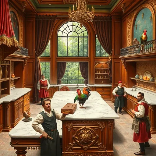 A Renaissance-style painting of a vibrant, busy kitchen remodel in Winnetka, Illinois, featuring an ornate interior with carved wooden cabinets, marble countertops, and a central island. The scene includes elegant drapery, gilded moldings, and decorative tilework, highlighting opulence and craftsmanship. Renaissance-dressed artisans are actively working: one chiseling wood, another polishing marble, and a third arranging pottery, creating a lively, collaborative atmosphere. Whimsical details such as a squirrel peeking from a toolbox, a rooster on a cabinet, and a colorful parrot nearby add charm and humor. Arched windows with stained-glass accents reveal a lush garden, filling the space with natural light. The warm palette of deep reds, golds, olive greens, and soft browns emphasizes a timeless, sophisticated mood, blending traditional grandeur with modern kitchen renovation elements in a rich, detailed scene.