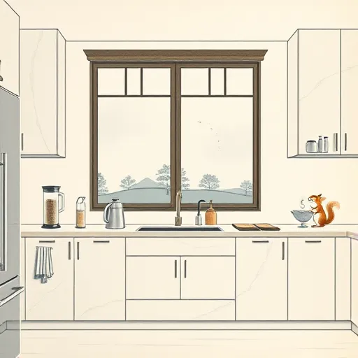 A serene Chinese Brush Painting-style depiction of a modern, efficient kitchen layout in Gurnee, Illinois. The artwork features delicate ink strokes illustrating sleek, minimalist kitchen cabinets with flowing lines that suggest smooth organization and functional design. Soft washes of muted blues and warm beige create a calming atmosphere, emphasizing harmony and balance. The spacious countertop displays subtly detailed tools and appliances such as a blender, coffee maker, and chopping boards, arranged with artistic finesse. In the background, a traditional pagoda-style window frames a tranquil view of Illinois’s suburban landscape with gentle rolling hills and distant trees rendered in light ink washes, adding depth and cultural contrast. Playful elements include a floating teacup with steam curling upward like calligraphy strokes, and a small stylized squirrel peering through the window, adding personality and a touch of nature. The overall scene combines artistic elegance with practicality, embodying the Chinese Brush Painting style through fluid lines, harmonious composition, and a subdued color palette that evokes a peaceful, homey ambiance ideal for an efficient modern kitchen in Gurnee, Illinois.