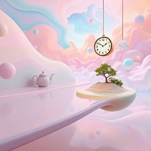 A surrealist kitchen design gallery featuring floating glossy, reflective countertops that extend into an infinite, cloud-like background with pastel lavender, mint green, and buttery yellow hues. Amorphous liquid-shaped cabinets resembling melting soap bubbles display abstract utensils and glowing, oversized kitchen gadgets that hover effortlessly. An oversized, melting clock drapes over a floating island, suggesting distorted time. Quirky details include a teapot with a tiny tree sprouting from its spout and countertops topped with miniature landscapes of forests, hills, and rivers. Surreal light fixtures, resembling floating orbs with starry, swirling patterns, cast a soft glow. The background showcases a vibrant sky of turquoise and coral swirling clouds combined with shifting, geometric shapes. The scene exudes a calm yet playful atmosphere, blending imaginative, artistic kitchen elements into a dreamlike wonderland of color, form, and culinary creativity.