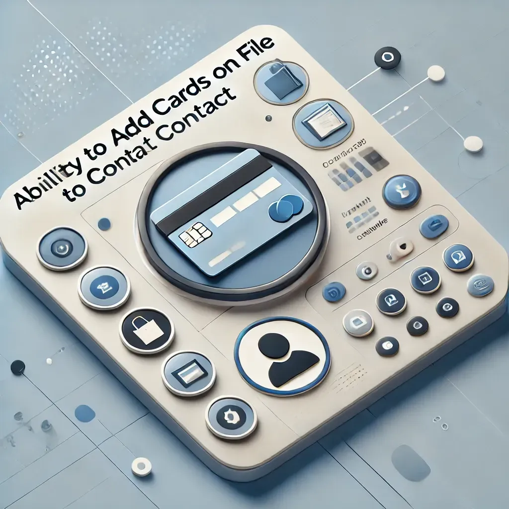 Cover image for blog post titled 'Ability to Add Cards on File to Contact' featuring a digital interface with icons of a credit card, contact card, and file folder, symbolizing ease of adding payment cards on file. The design uses professional business tones of blue, gray, and white, with a tech-savvy feel, representing innovation and small business CRM solutions.